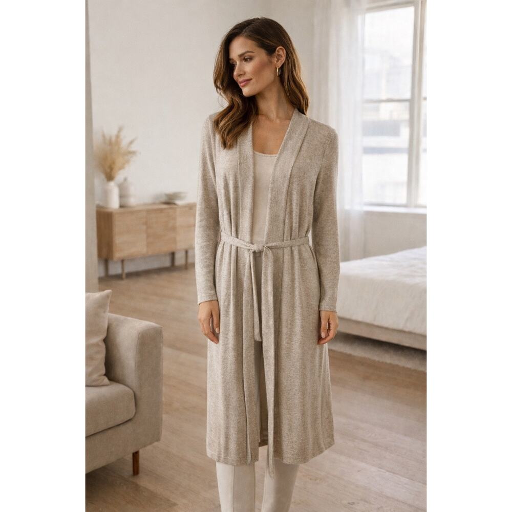 Roommates Longline Duster Cardigan Medium Beige Tie Waist Open Front